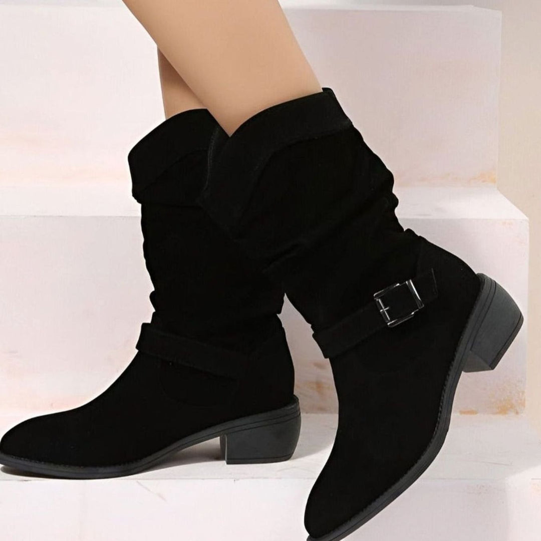 Women's Faux Suede Slouchy Block-Heel Mid-Calf Boots - Black