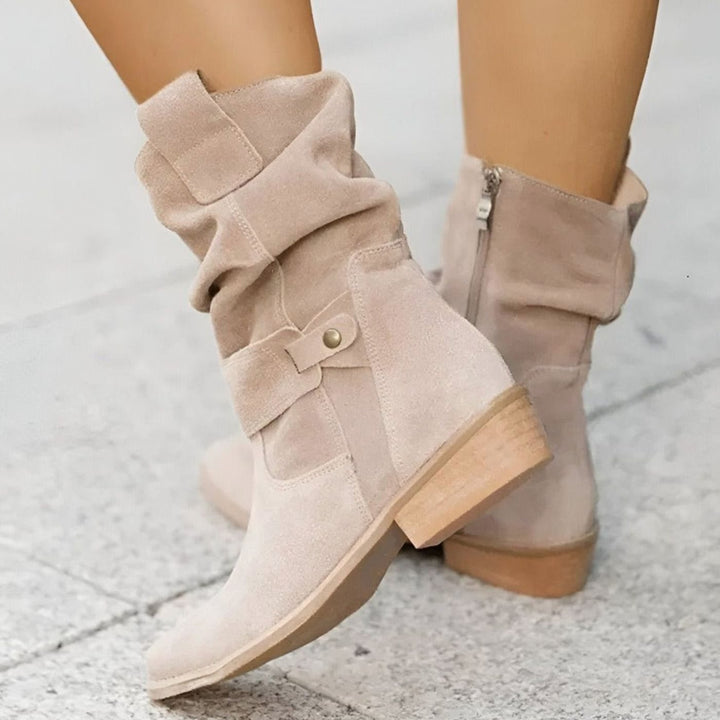 Women's Faux Suede Slouchy Block-Heel Mid-Calf Boots - Beige