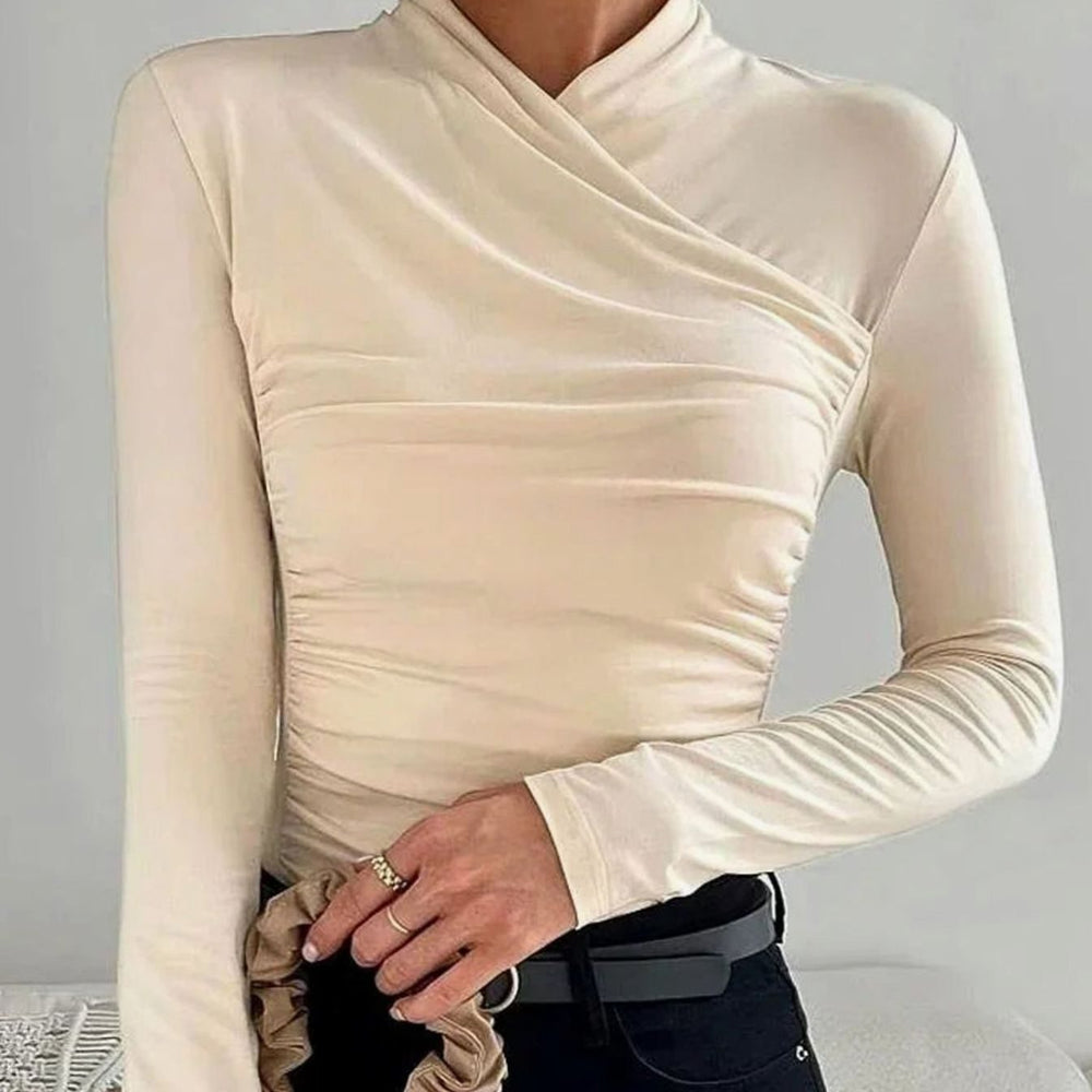 Women's Fitted Asymmetric Ruched Roll-Neck Long-Sleeve Top
