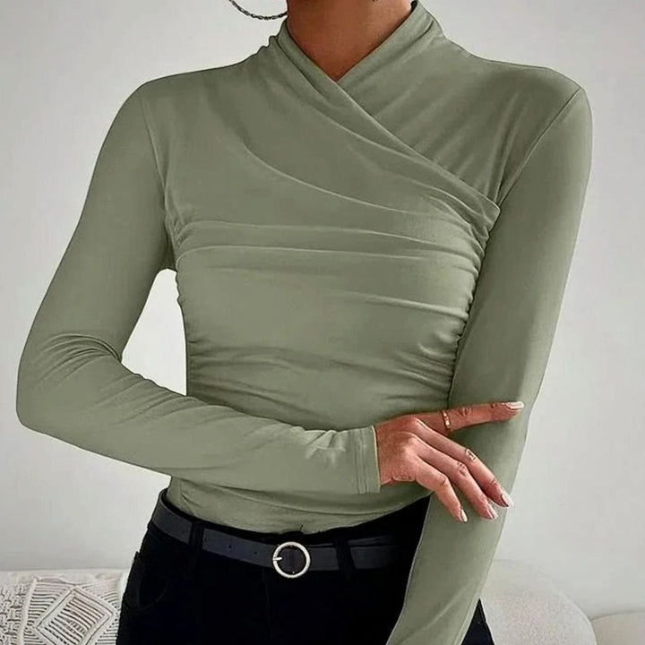 Women's Fitted Asymmetric Ruched Roll-Neck Long-Sleeve Top