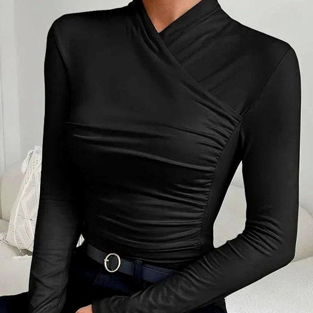 Women's Fitted Asymmetric Ruched Roll-Neck Long-Sleeve Top