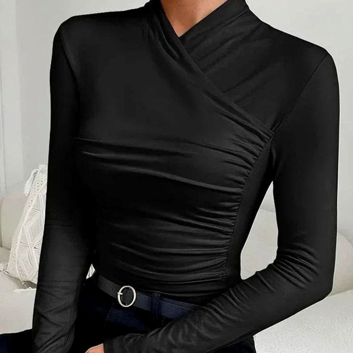 Women's Fitted Asymmetric Ruched Roll-Neck Long-Sleeve Top