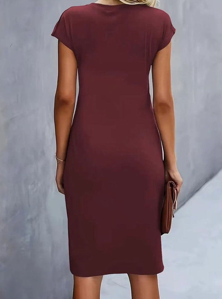 Women's Fitted Cap-Sleeve Side-Draped Round-Neck Midi Dress