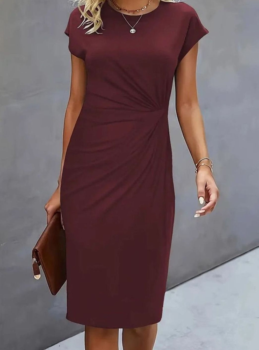 Women's Fitted Cap-Sleeve Side-Draped Round-Neck Midi Dress