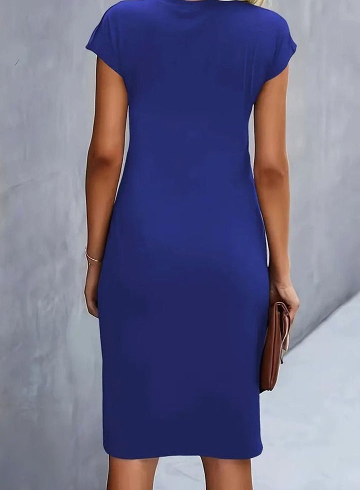 Women's Fitted Cap-Sleeve Side-Draped Round-Neck Midi Dress