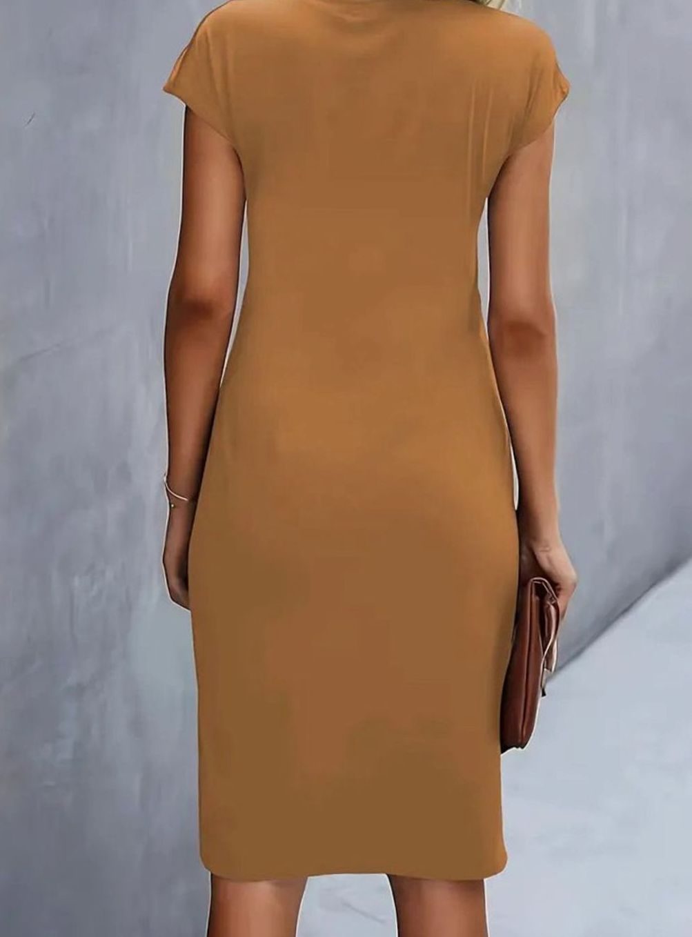 Women's Fitted Cap-Sleeve Side-Draped Round-Neck Midi Dress