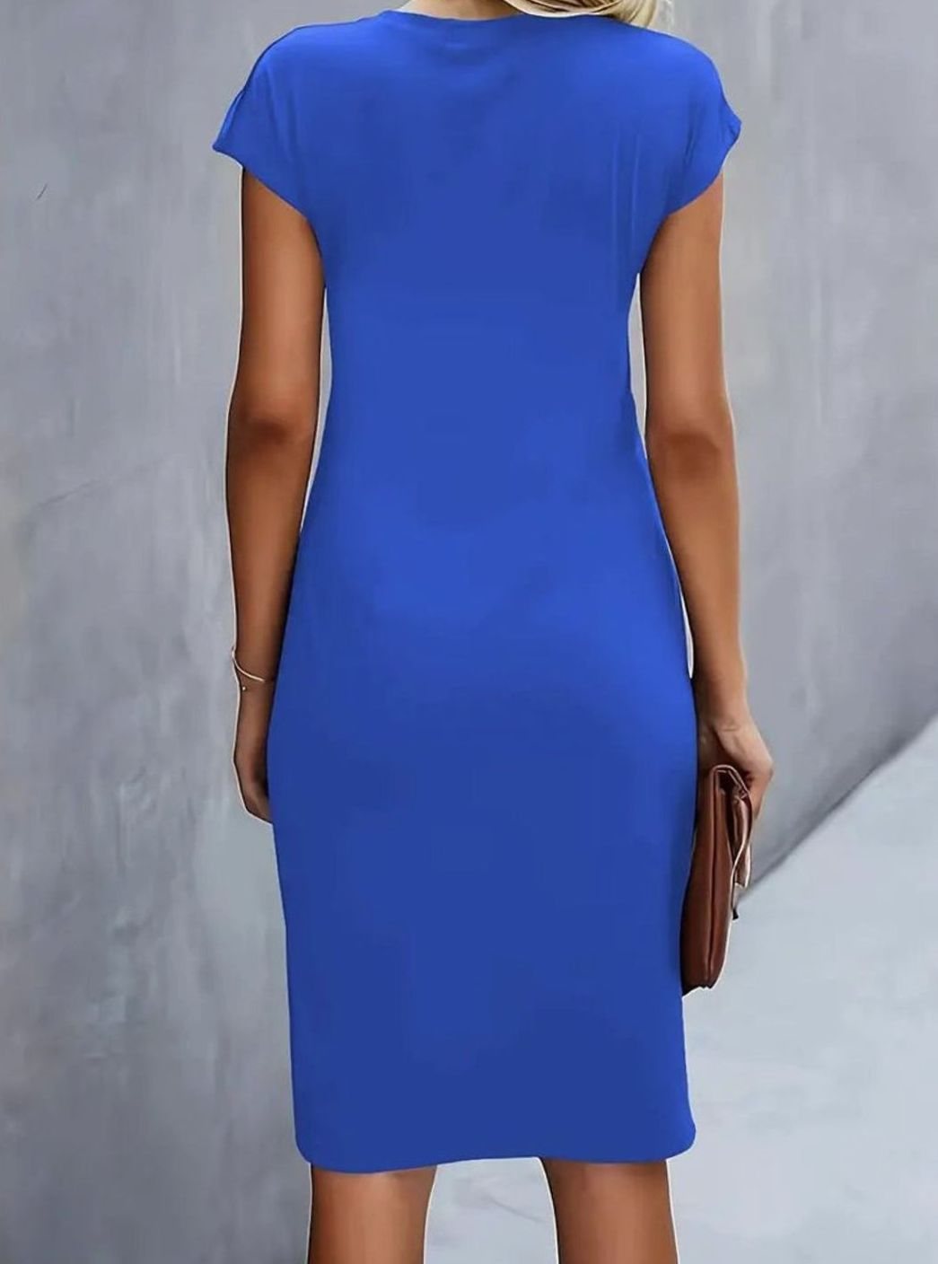 Women's Fitted Cap-Sleeve Side-Draped Round-Neck Midi Dress