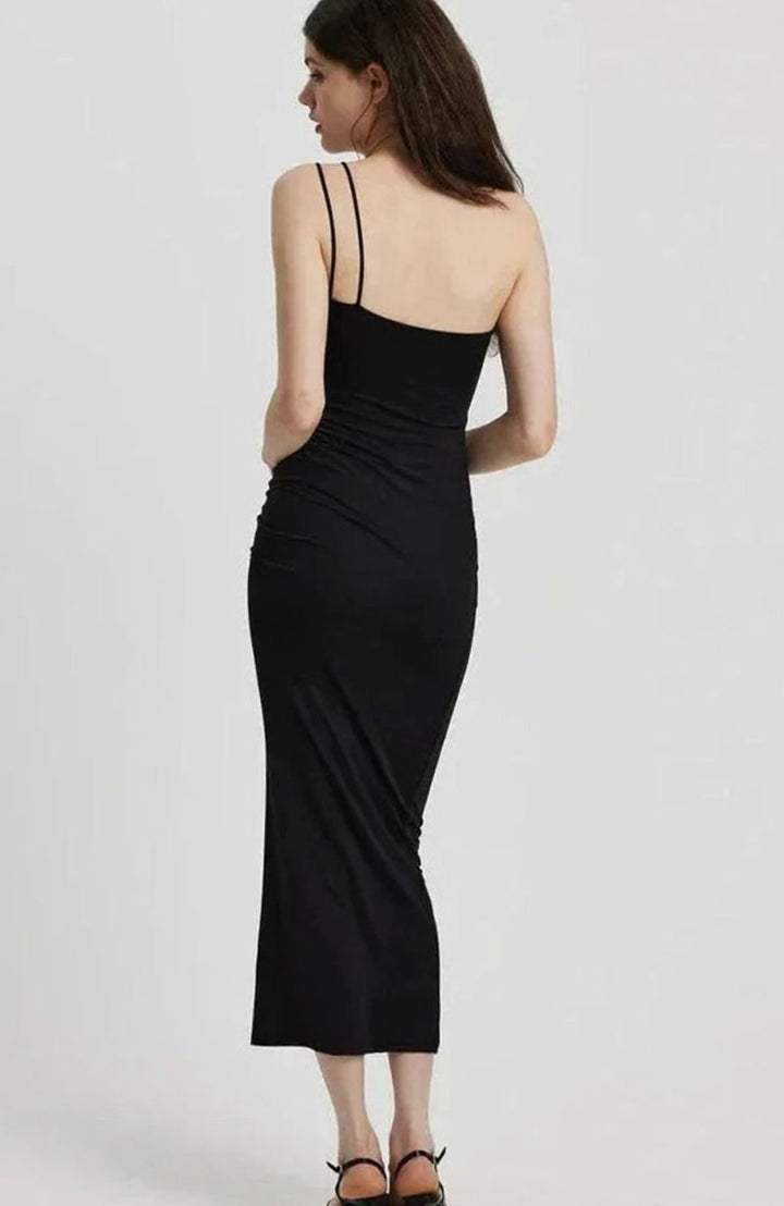 Women's Fitted Halter Neck Ruched Midi Dress 3D Rose Detail