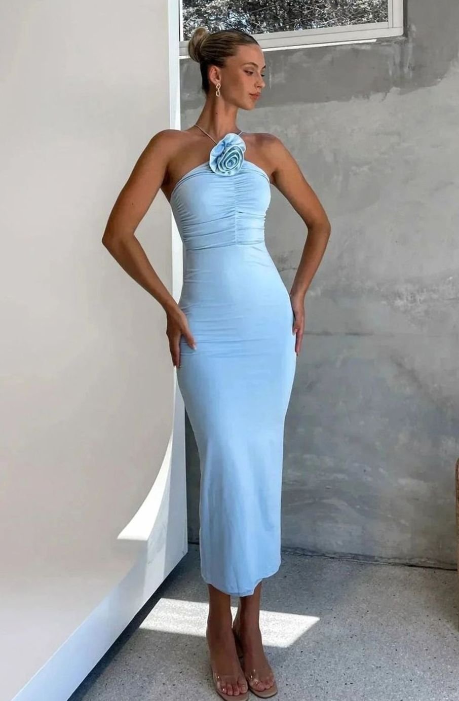 Women's Fitted Halter Neck Ruched Midi Dress 3D Rose Detail