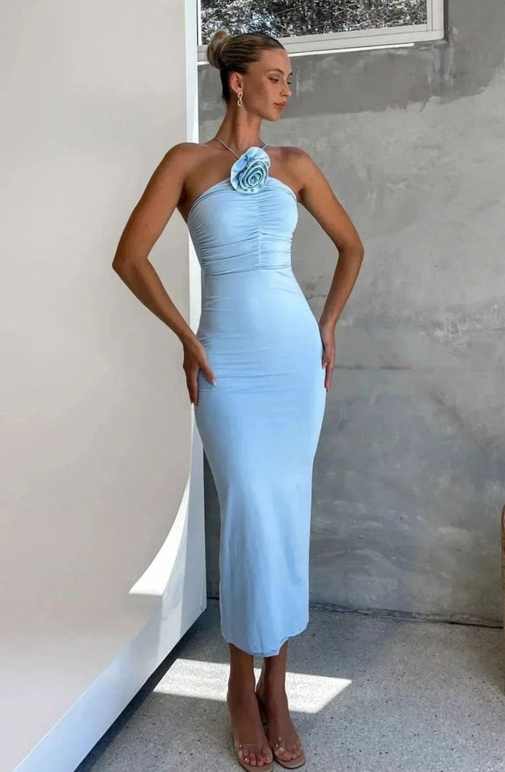 Women's Fitted Halter Neck Ruched Midi Dress 3D Rose Detail