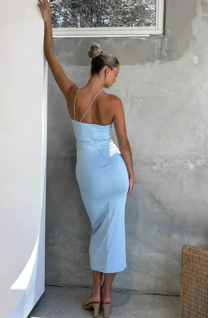 Women's Fitted Halter Neck Ruched Midi Dress 3D Rose Detail, Sky Blue