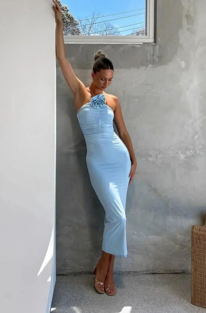 Women's Fitted Halter Neck Ruched Midi Dress 3D Rose Detail, Sky Blue