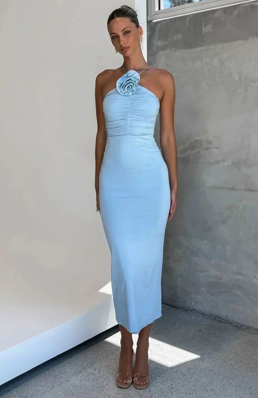 Women's Fitted Halter Neck Ruched Midi Dress 3D Rose Detail, Sky Blue