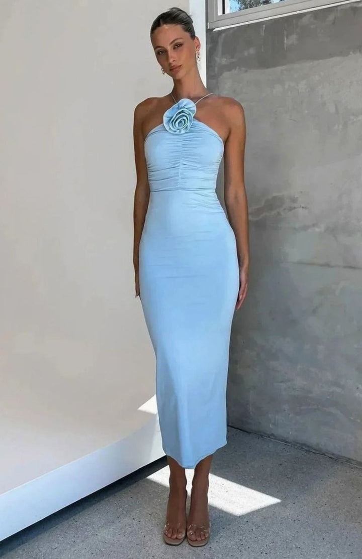 Women's Fitted Halter Neck Ruched Midi Dress 3D Rose Detail, Sky Blue