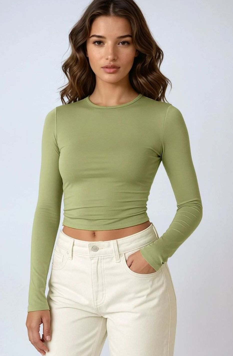 Women's Fitted Long-Sleeve Stretch Crop Top Crew Neck