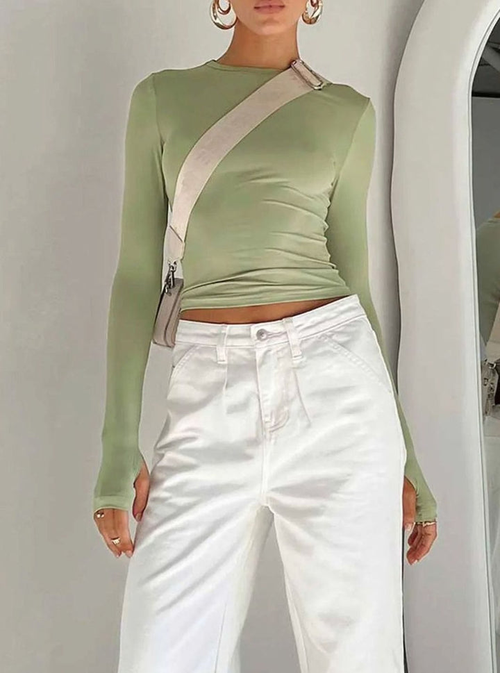 Women's Fitted Long-Sleeve Stretch Crop Top Crew Neck