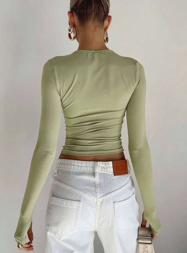 Women's Fitted Long-Sleeve Stretch Crop Top Crew Neck