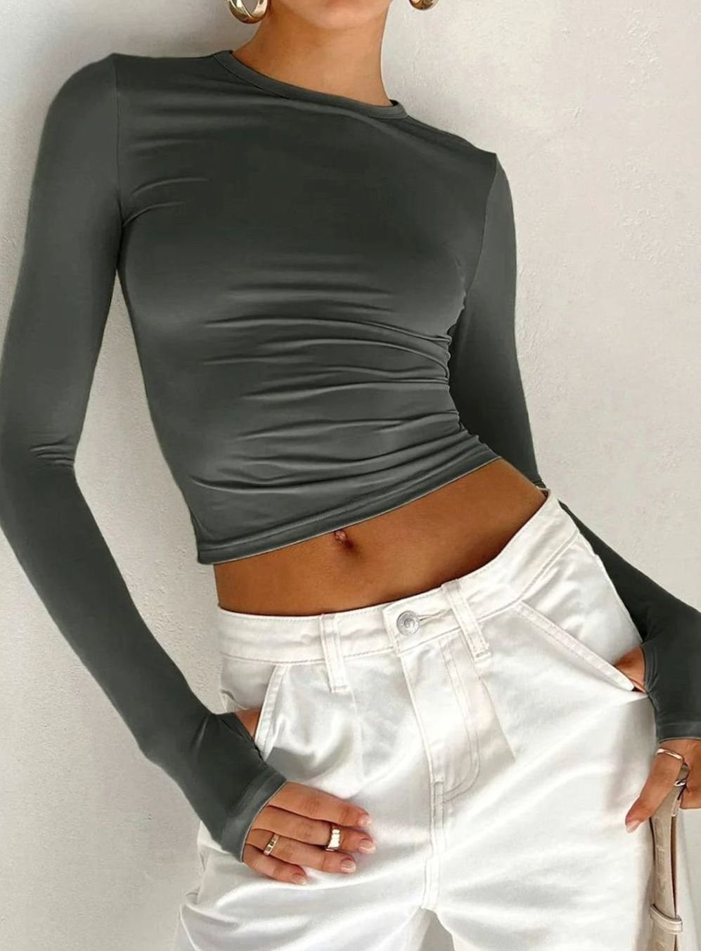 Women's Fitted Long-Sleeve Stretch Crop Top Crew Neck
