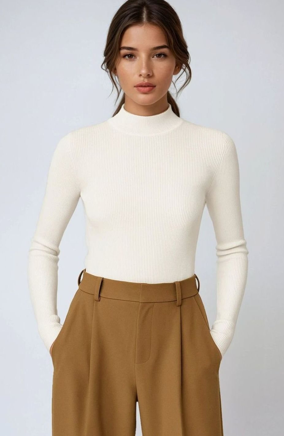 Women's Fitted Ribbed Roll Neck Jumper Polo Neck Knit Top