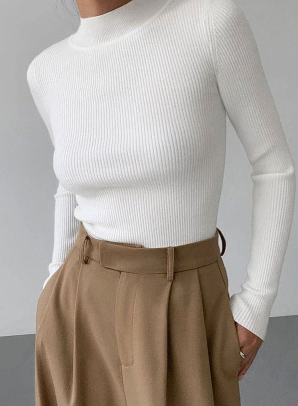 Women's Fitted Ribbed Roll Neck Jumper Polo Neck Knit Top