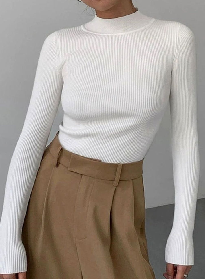 Women's Fitted Ribbed Roll Neck Jumper Polo Neck Knit Top