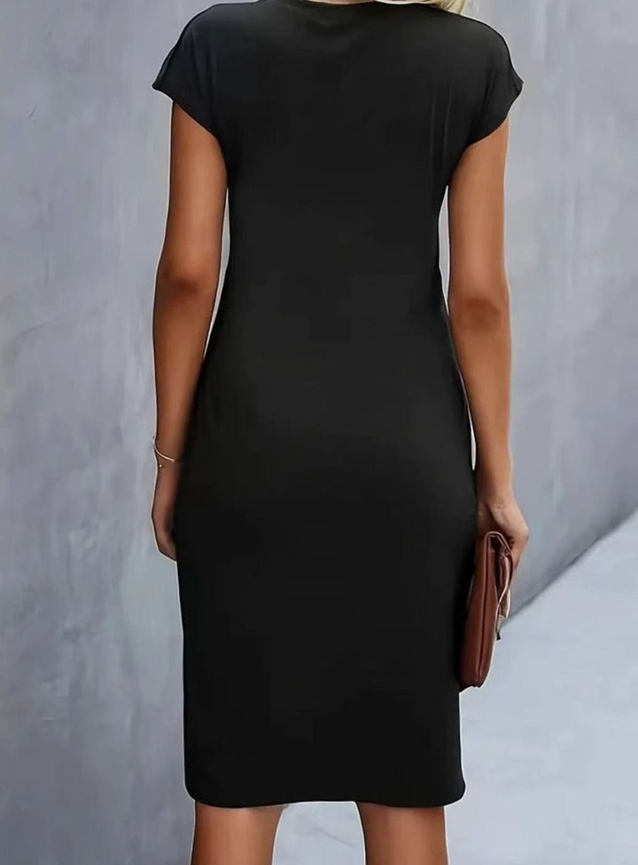 Women's Fitted Round-Neck Side-Draped Cap-Sleeve Midi Dress