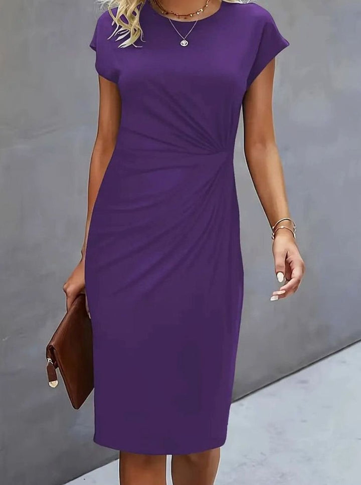 Women's Fitted Round-Neck Side-Draped Cap-Sleeve Midi Dress