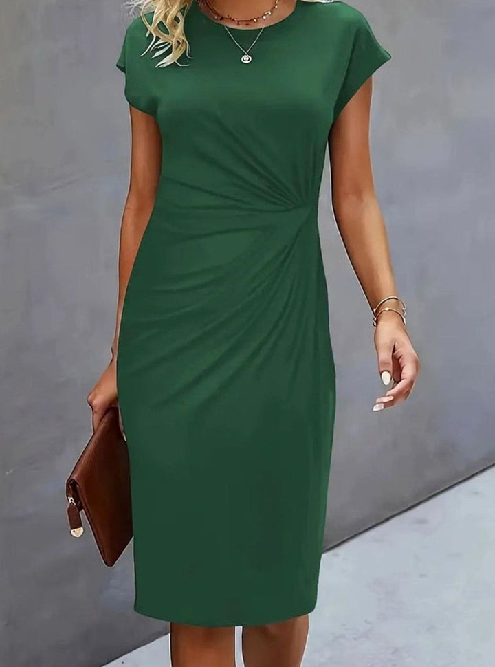 Women's Fitted Round-Neck Side-Draped Cap-Sleeve Midi Dress