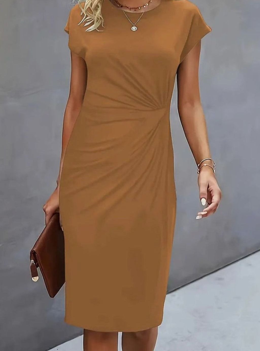 Women's Fitted Round-Neck Side-Draped Cap-Sleeve Midi Dress