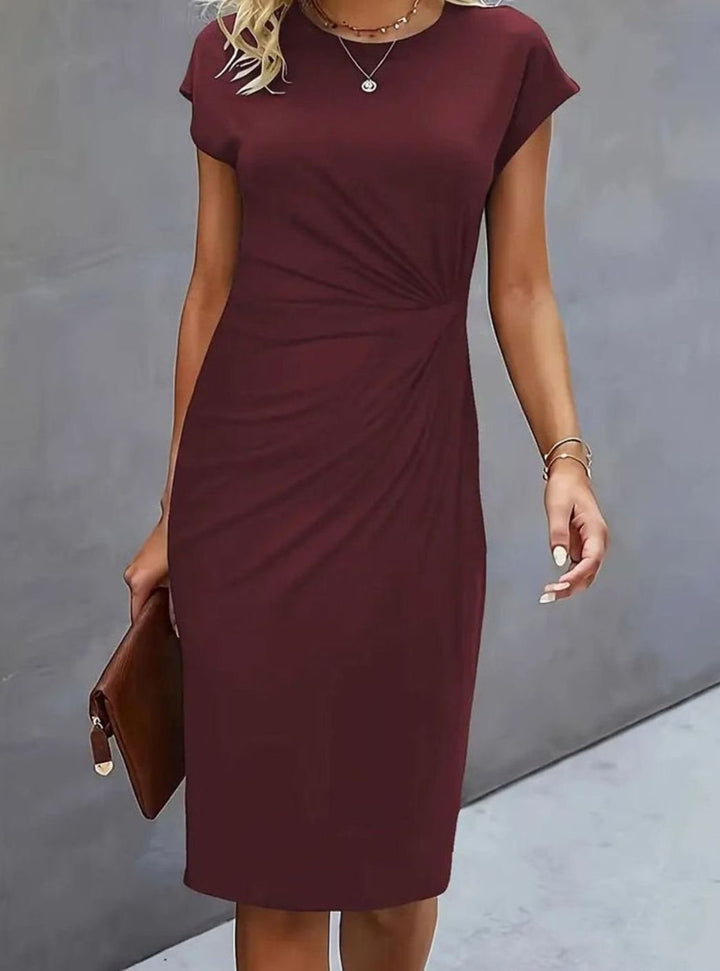 Women's Fitted Round-Neck Side-Draped Cap-Sleeve Midi Dress