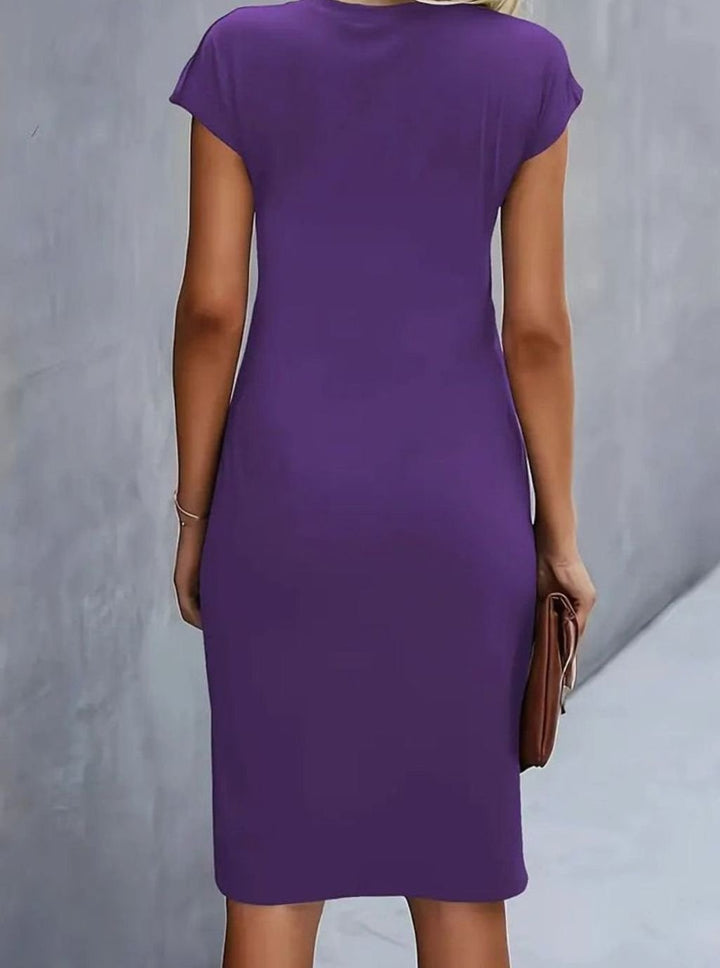 Women's Fitted Round-Neck Side-Draped Cap-Sleeve Midi Dress