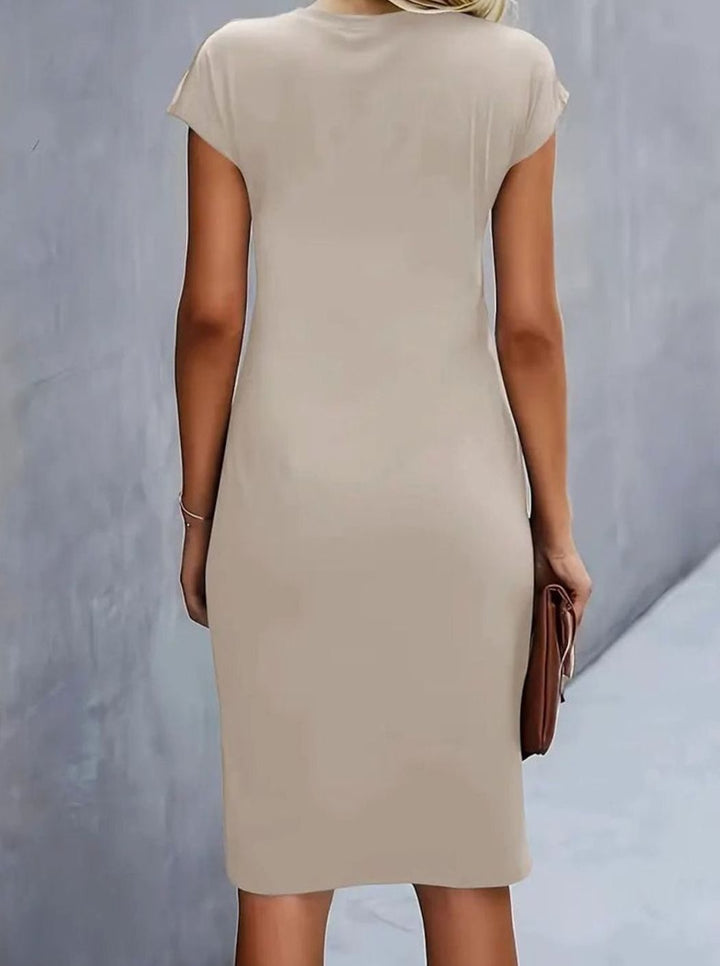 Women's Fitted Round-Neck Side-Draped Cap-Sleeve Midi Dress