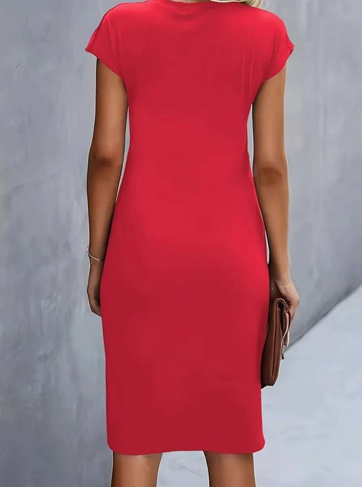 Women's Fitted Round-Neck Side-Draped Cap-Sleeve Midi Dress