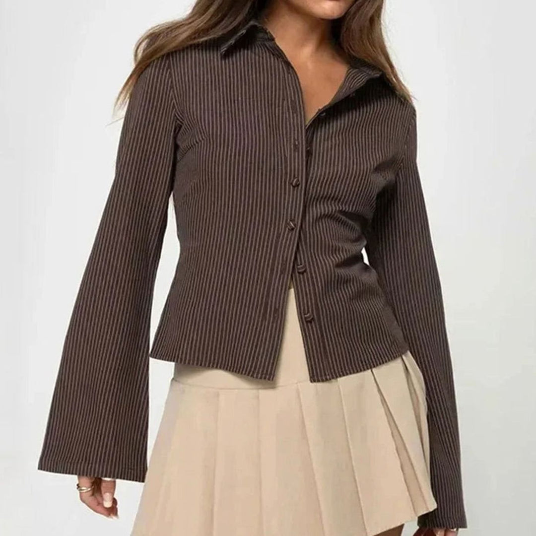 Women's Fitted Striped Vintage Button-Down Blouse Flared Cuffs