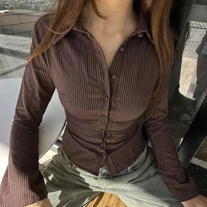 Women's Fitted Striped Vintage Button-Down Blouse Flared Cuffs