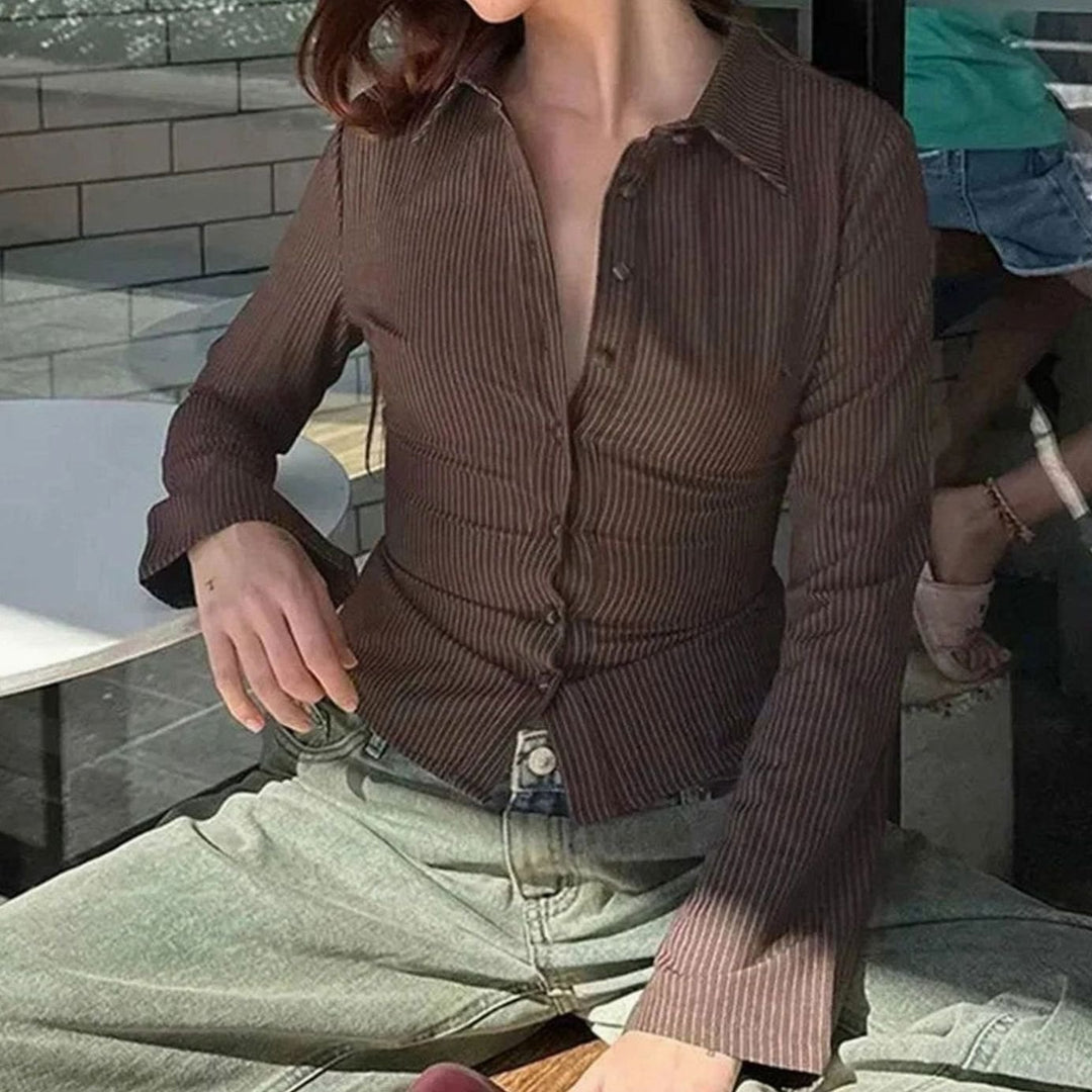 Women's Fitted Striped Vintage Button-Down Blouse Flared Cuffs