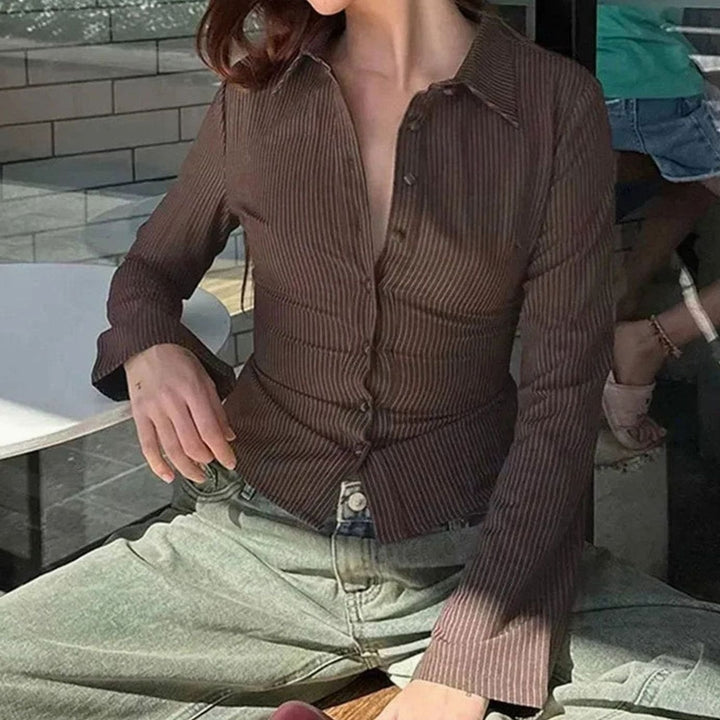 Women's Fitted Striped Vintage Button-Down Blouse Flared Cuffs