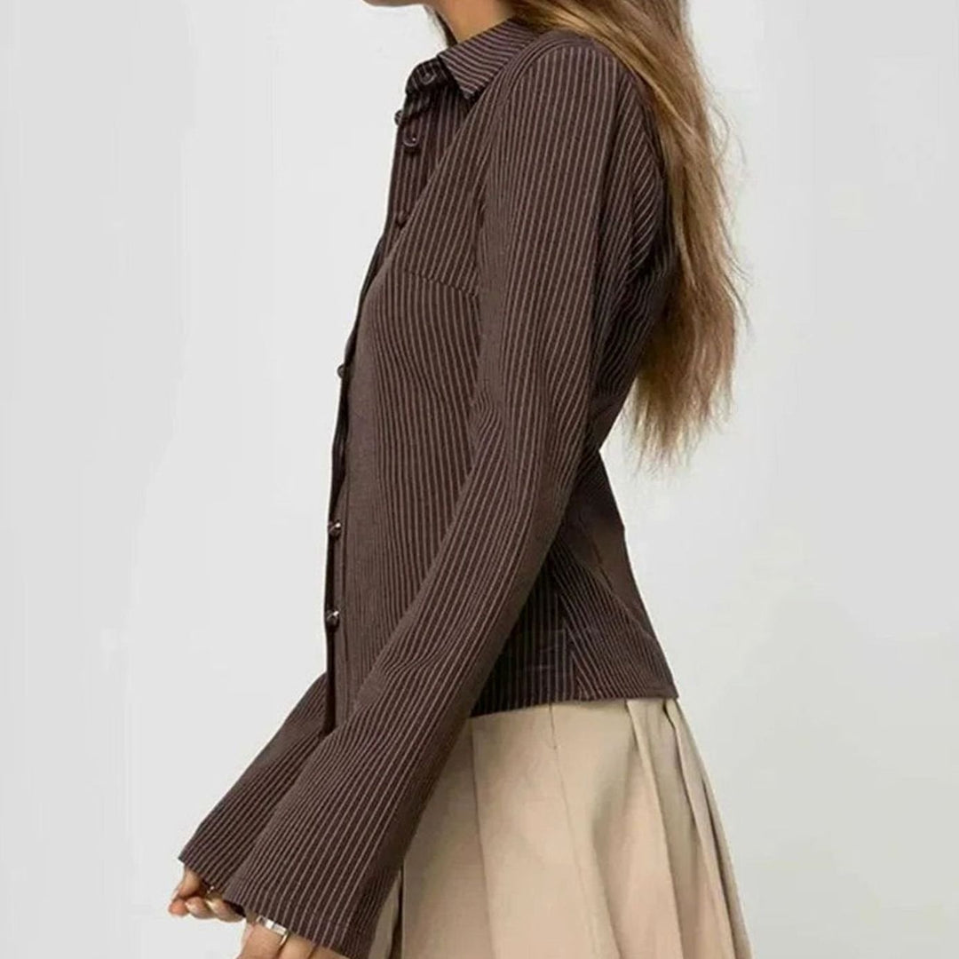 Women's Fitted Striped Vintage Button-Down Blouse Flared Cuffs