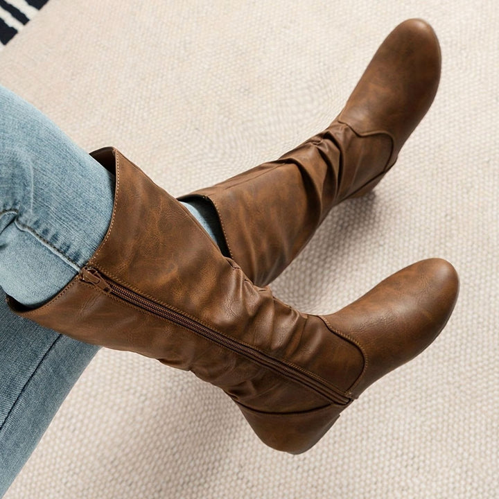 Women's Flat Knee-High Slouch Boots Side Zip Round Toe