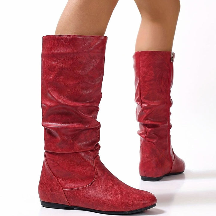Women's Flat Knee-High Slouch Boots Side Zip Round Toe