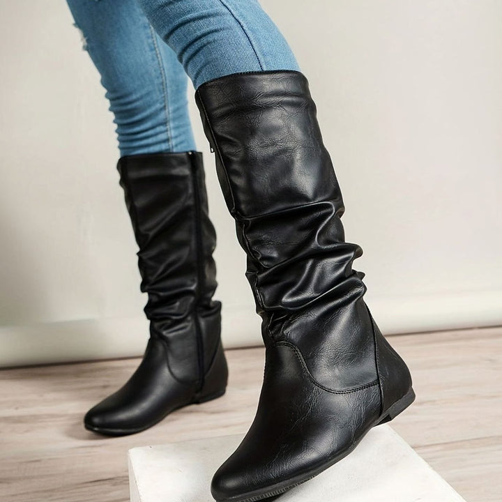 Women's Flat Knee-High Slouch Boots Side Zip Round Toe - Black