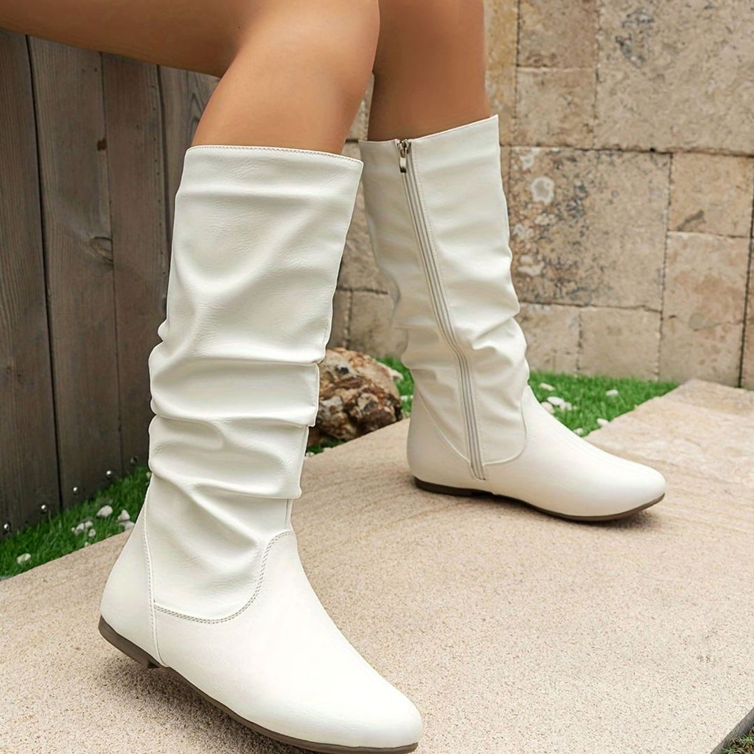 Women's Flat Knee-High Slouch Boots Side Zip Round Toe