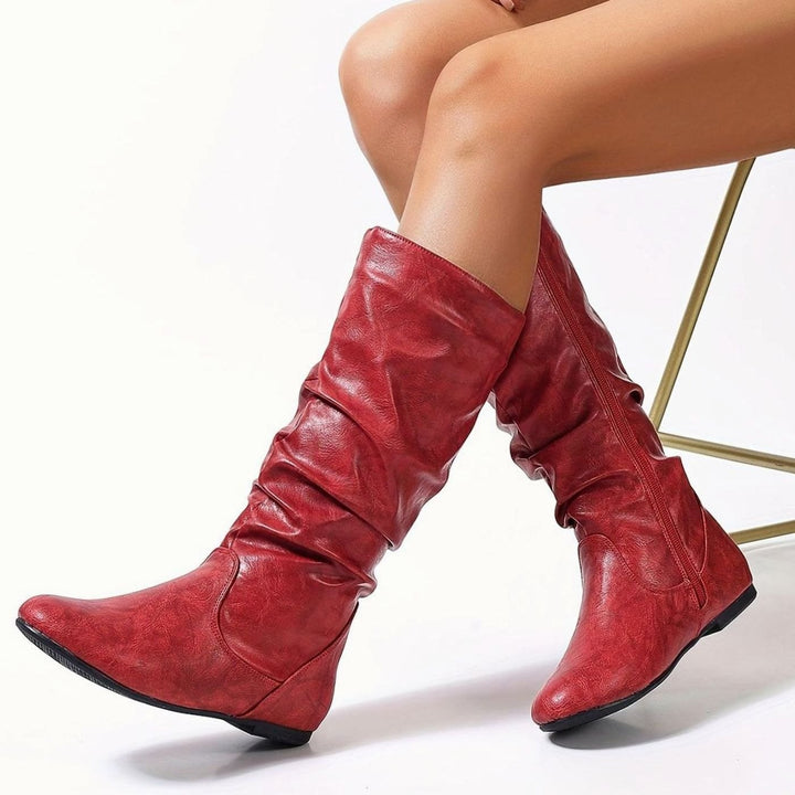 Women's Flat Knee-High Slouch Boots Side Zip Round Toe - Red