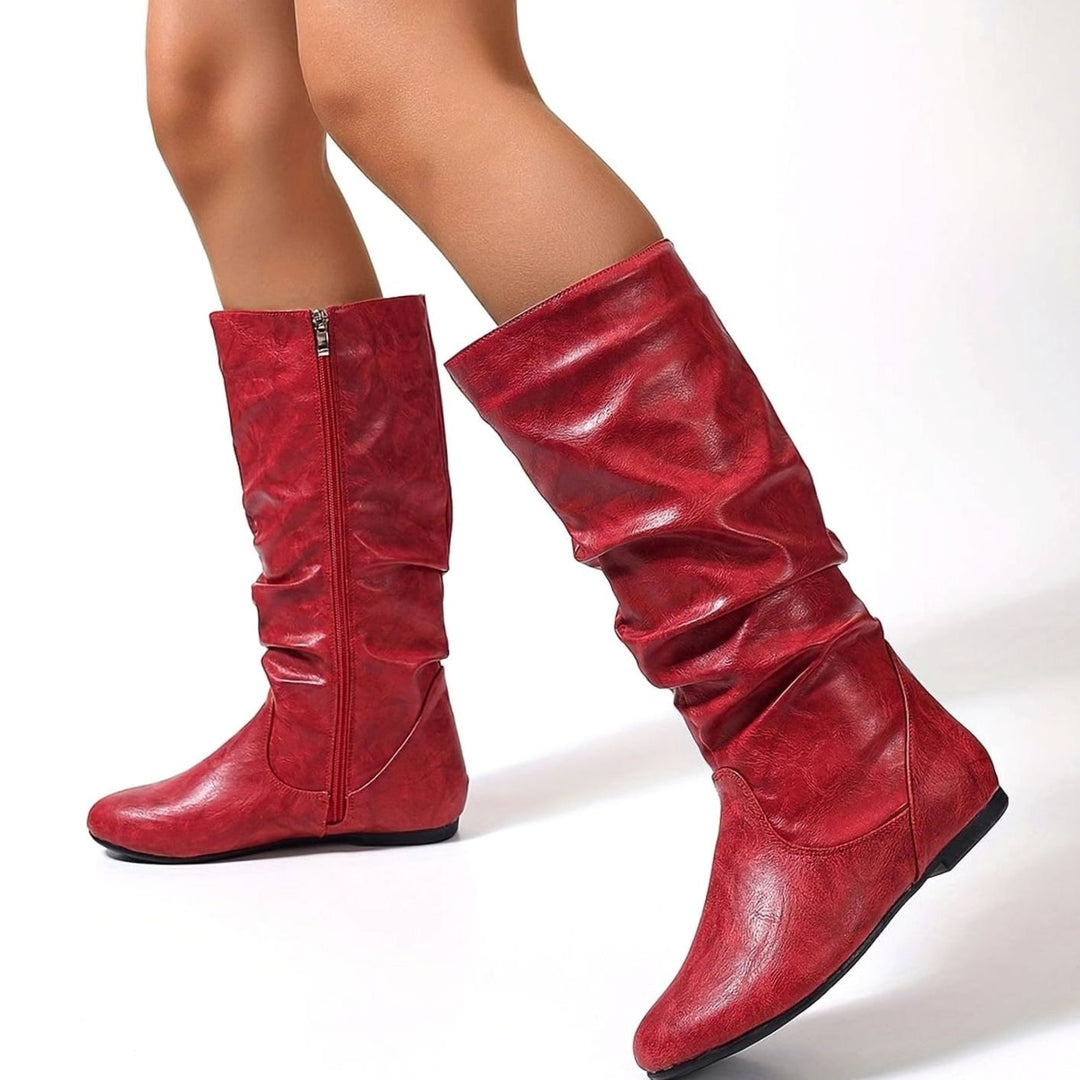Women's Flat Knee-High Slouch Boots Side Zip Round Toe