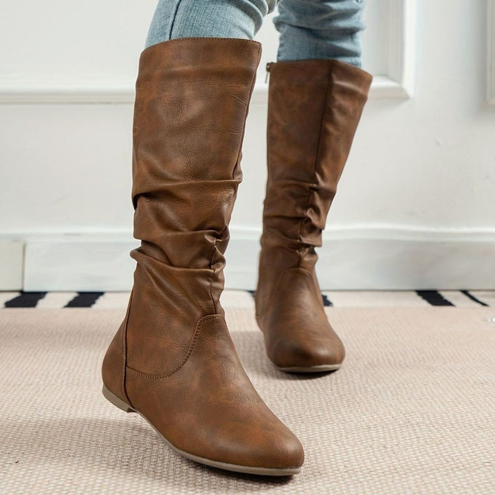 Women's Flat Knee-High Slouch Boots Side Zip Round Toe