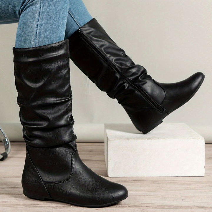 Women's Flat Knee-High Slouch Boots Side Zip Round Toe