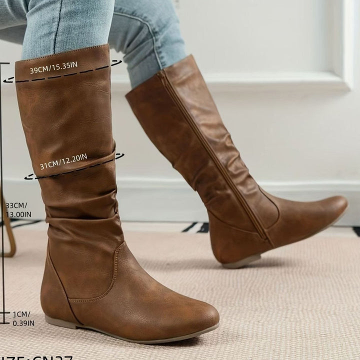 Women's Flat Knee-High Slouch Boots Side Zip Round Toe