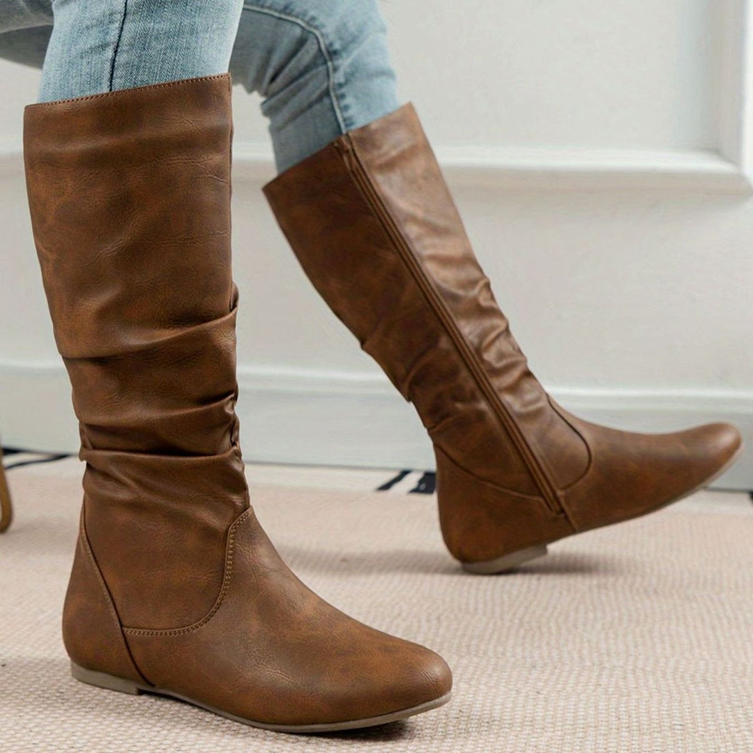 Women's Flat Knee-High Slouch Boots Side Zip Round Toe - Light Brown