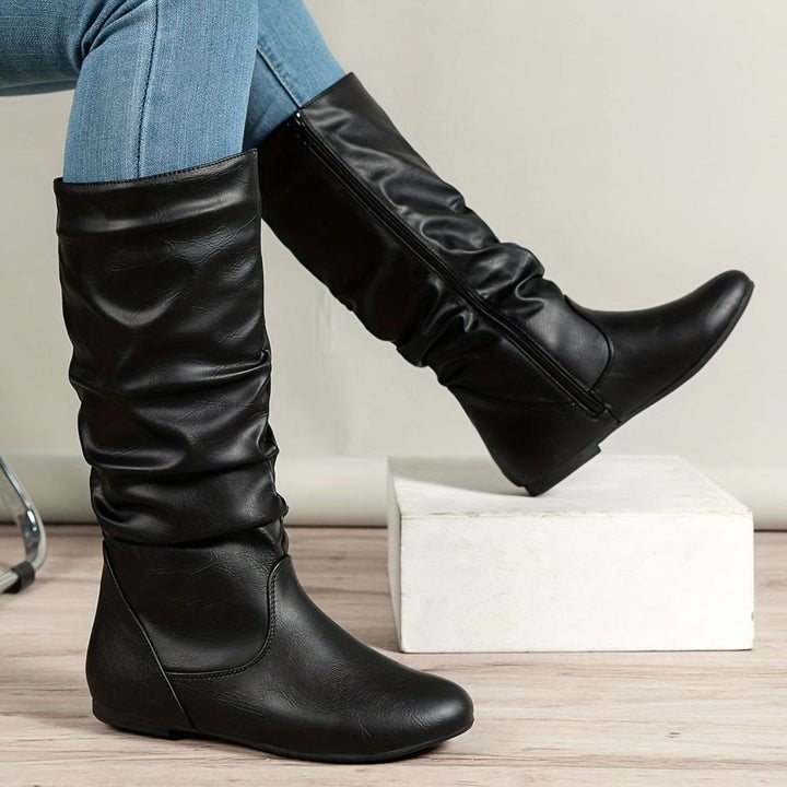 Women's Flat Knee-High Slouch Boots Side Zip Round Toe
