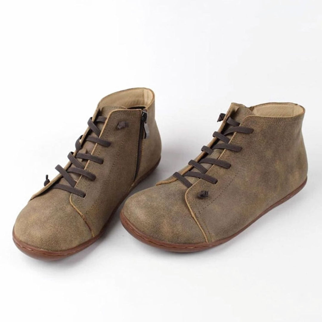 Women's Flat Lace-Up Side-Zip Suede Leather Ankle Boots - Grey